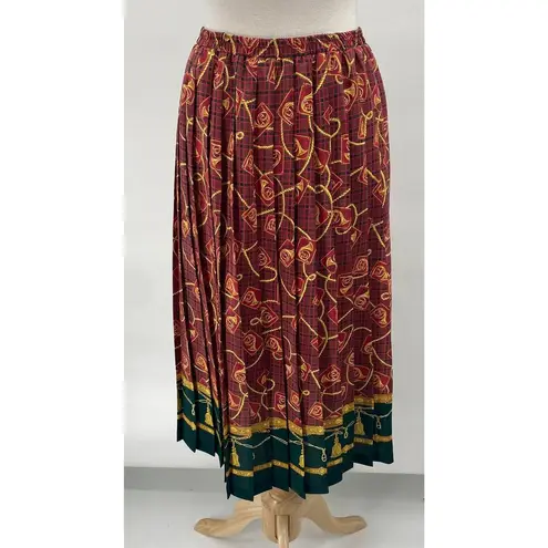 Vintage 80s Pleated Midi Skirt French Horns Mixed Print Pull on Maroon Green S Red