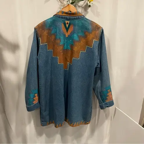Vintage funky 80’s hand painted jeweled oversized southwestern boho denim blazer Tan Size L