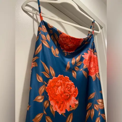 Cantonwalker Navy & Red Floral Cowl Neck Sleeveless Satin Slip Mini Dress