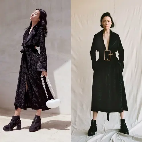 Cult Gaia Aya Matelassé Velvet Open-Back Coat Belted Long Black Size Small NWT