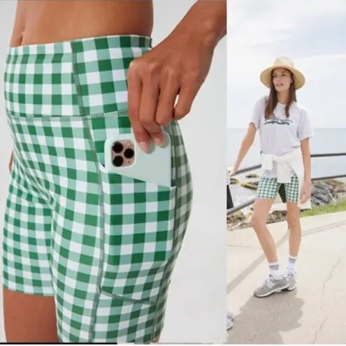 Tuckernuck Trellis Gingham Biker Shorts M NWT Green White 6” High Waist Pockets Size M