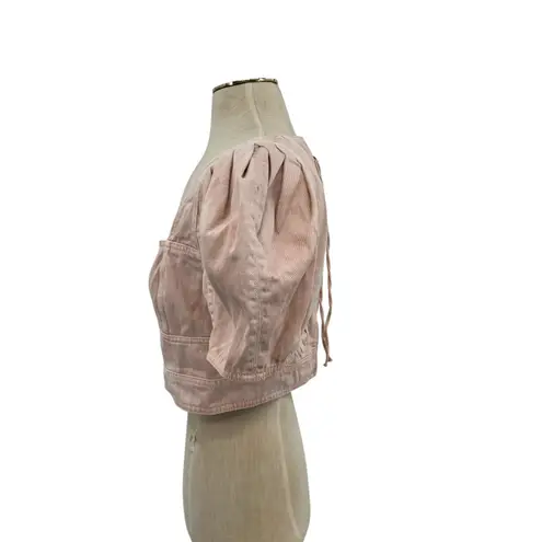 Ulla Johnson Renee Top Crop Denim Puff Sleeve Zip Sweetbriar Pink Size 8