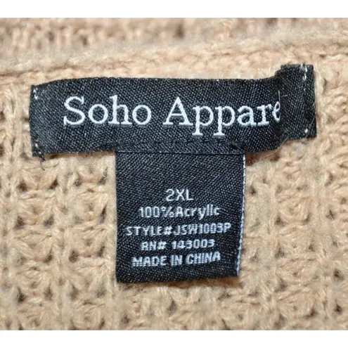 Soho Apparel Light Brown Open Front Hoodie Crochet Cardigan Sweater Size 2XL