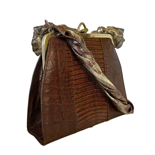 Vintage Genuine Lizard Brown Leather Frame Handbag with Oscar de la Renta Scarf