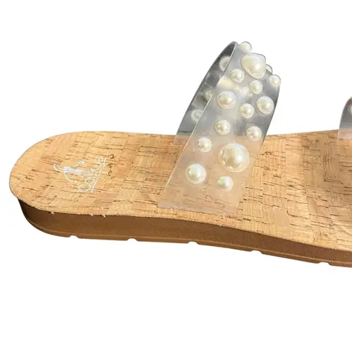 Corkys Sandals Womens Size 10 Clear Pearl Beaded Slide Cork Footbed Slip On Brown