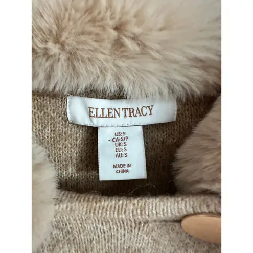 Ellen Tracy Womens Cardigan Sweater Size S Fauz Fur Collar Neutral Cozy Winter