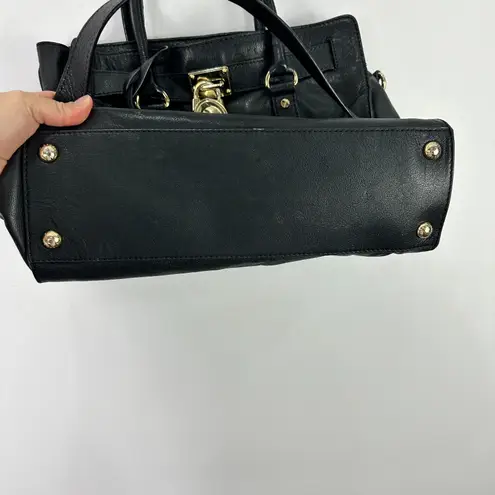 Michael Kors  Hamilton Large Black Pebbled Leather Bag Tote Golden Padlock Chic