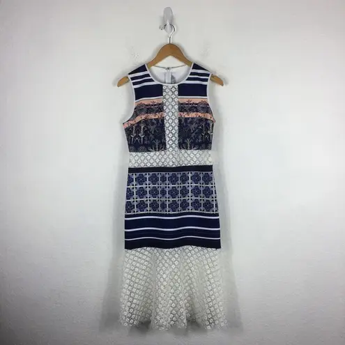 Clover Canyon Lace Inset Neoprene Marine Garden Floral Midi Dress Large Cocktail