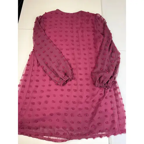 ABYOXI Burgundy Pom Pom Swiss Dot Babydoll Mini Dress Long Sleeve Medium Red
