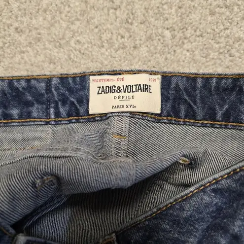 Zadig & Voltaire Jane B Flare Jeans Size 27 High Rise Frayed Hem Distressed Blue