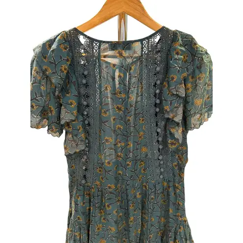 SEA New York Kaylee Boho Mini Dress Ruffle Tiered Skirt Crochet Trim Coastal 2 Blue