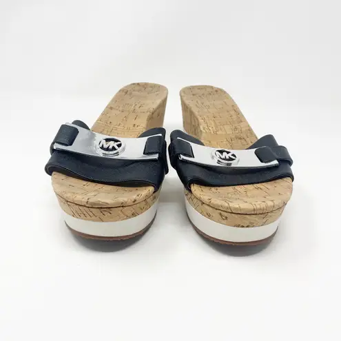 Michael Kors Black Leather Warren Platform Cork Wedge Slide Women's Size 11M