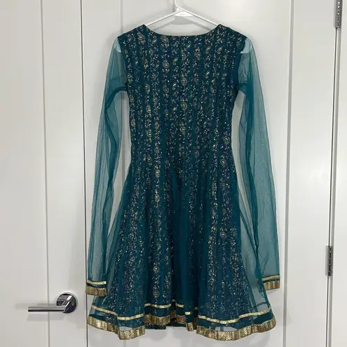 Pakistani Blue and Gold Beaded Sequin Long Sheer Sleeve Dress Size XS
