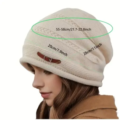 Slouchy Stretchy Winter Cozy Cream Buckle Beanie Knit Hat One Size Thick Soft Tan