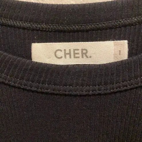 Cher Black Ribbed Curved Raw Hem Short Sleeve T