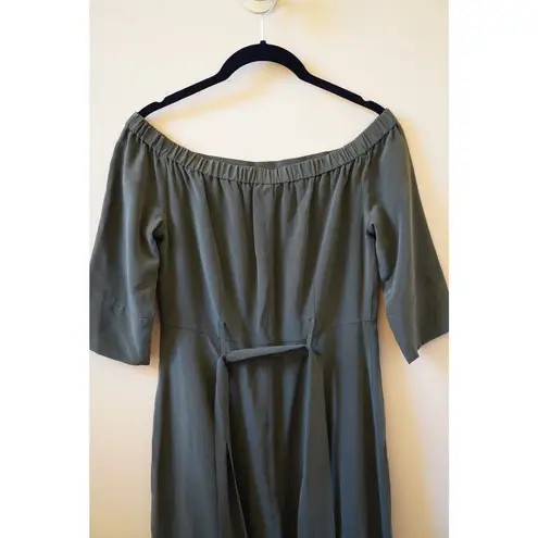Whistles Flavia Off The Shoulder Midi Silk Tie Dress Khaki Green Size 0 XS NWT