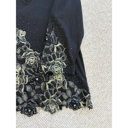 Sassy Thai Womens Black Cotton Knit Top with Hand Beading Floral Lace V Neck Lrg Size L