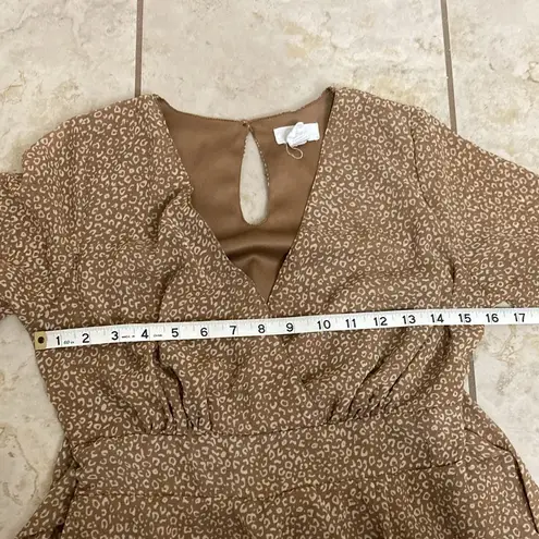 Long Sleeve Leopard Print Ruffle Hem Chiffon Dress Brown Size M