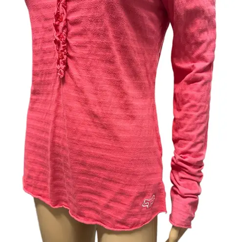 Fox Racing  Pink Stripe Long Sleeve Ruffle Button Henley Neck Tee Women’s Medium