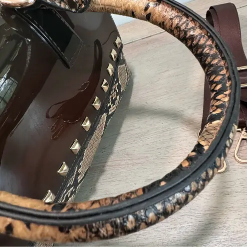 Large Studded Jelly & Faux Snakeskin Duffle Shaped Bag Oversized Purse Y2K Glam Brown