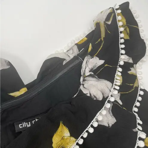 City Chic Jumpsuit SZ 14 Black White Yellow Crepe Floral Print Off The Shoulder