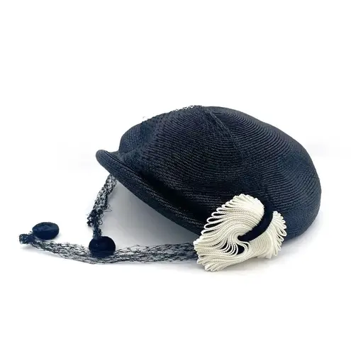Vintage 50s Tilt Hat Black & Cream Straw Close Style Fascinator Black Mesh Veil