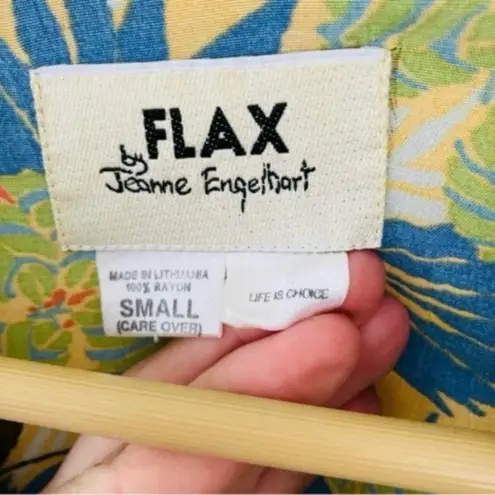 Flax Green Tropical Palm Print Full Length Dress Button Up Pockets Collar Rayon