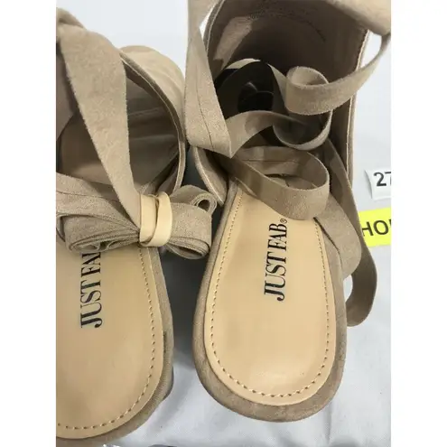 Womans Just Fab Gilina Size 8.5 Tan Faux Suede Peep Toe Strap Wedge Sandals Brown