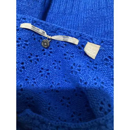 Knitted & Knotted Blue Crochet Knit Puff Sleeve Cropped Cardigan Sweater Womens