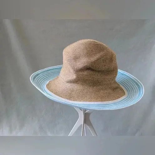 ERIC JAVITS Hampton Sun Hat Squishee Straw Packable Wide Brim Natural Gold Blue Tan