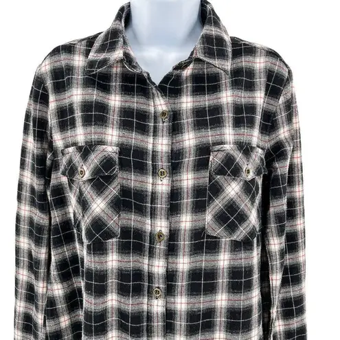 JODIFL Plaid Long Sleeve Button Down Shirt Top Eyelet Lace Trim Hem Small