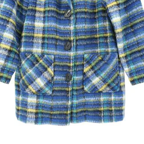 Habitat  Tartan Plaid Blue Car Coat Button Front Fuzzy Knit Longline Jacket L - Image 4