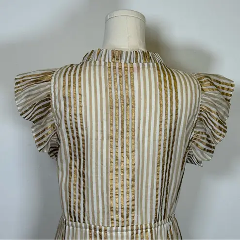 Oliphant Design 100% Cotton Gold Stripe Flutter Sleeve Dress Women’s Size Small