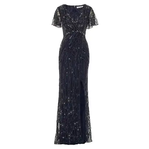 Mac Duggal Sequin Embellished Beaded Faux Wrap Gown Navy Blue Sz 14 NWT 93654