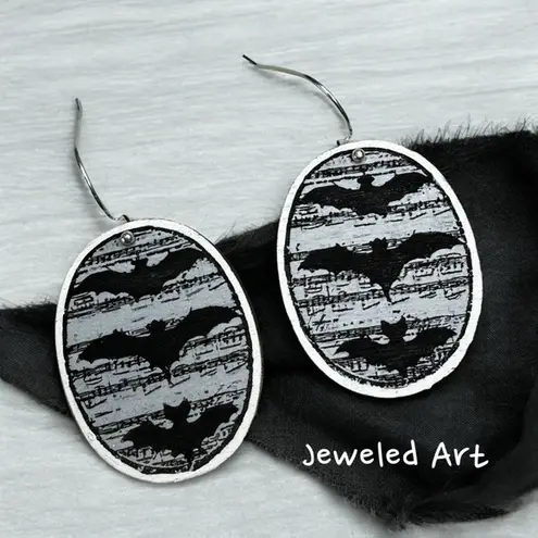 JEWELED ART Grungy Bat Oval Earrings Hand Painted Wood Gray