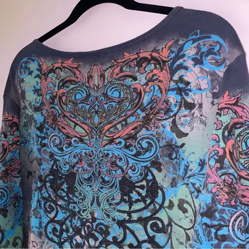 Vintage Essentials Size 1X Graphic V Neck Top Pastel Y2K Fairy Whimsical Blue