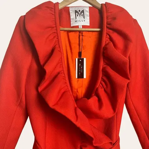 Milly Flame Red Ruffle Front Belted Knee-Length Coat Size 4 NWT