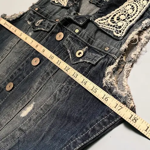 Distressed Ripped Denim Jean Jacket Vest with Crochet Details Blue Size M