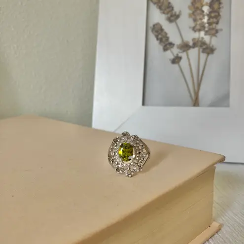 Boutique Mossy Green & Silver Glam Ring “Hortensia” Pave Filigree Alexandrite Oval Bling Promise Jewelry
