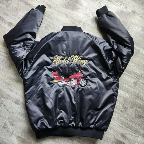 Vintage 90s Black Satin Bomber Jacket Moto Goldwing Graphic NAME Cardinal XL