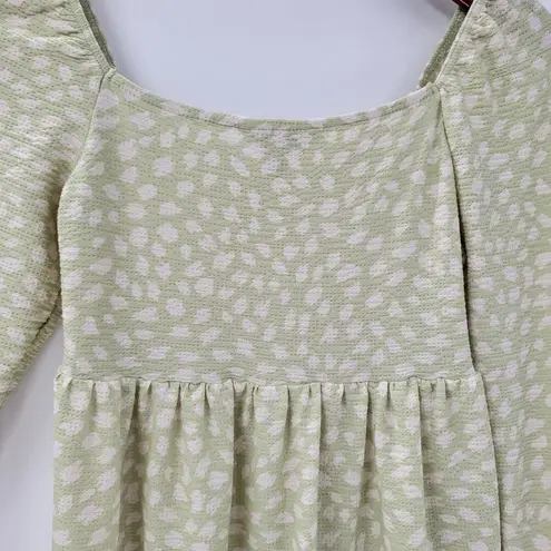 Miss Selfridge Womens Tunic Top 2 Green Textured Smocked Puff Sleeve Ruffle Mini