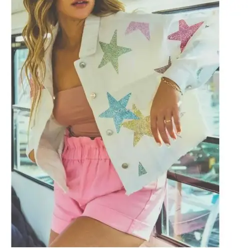 All The Stars Rhinestone Denim Jacket in White size M Size M