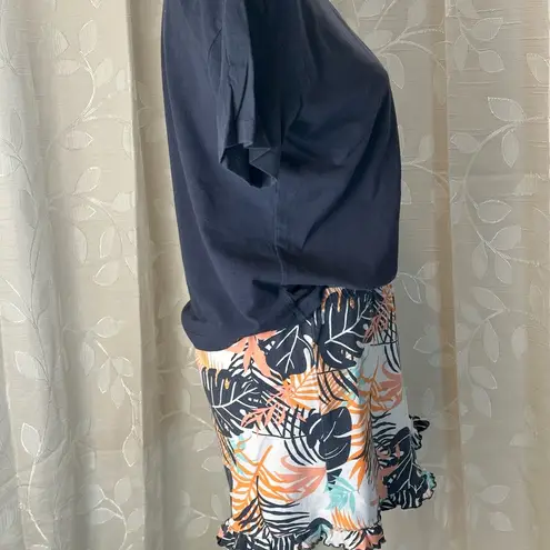 Ambrielle Sleepwear Set Small Navy Tee Tropical Print Ruffle Shorts Lounge Blue