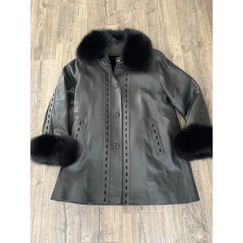 Vintage High End Black Leather Long Coat Real Fox Collar & Wrist Women Med