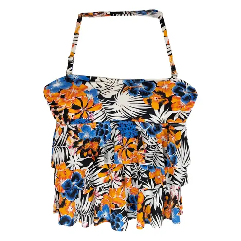 Leilani Size 8 Swim Top Ruffle Halter Orange Blue Floral Tropic Black White 580