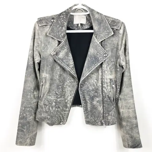 IRO “Salinas” 100% lamb leather camo printed moto biker jacket collared grey
