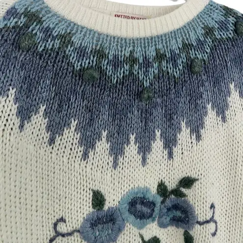 Vintage Blue 1980s Huntington & Ridge Sweater  Floral Chunky Knit Sweater Grandma