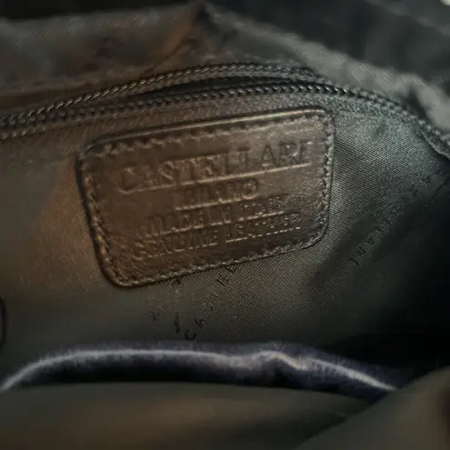 Vintage Castellari Navy Blue Leather & Fur Shoulder Bag, Y2K Dark Blue Italian