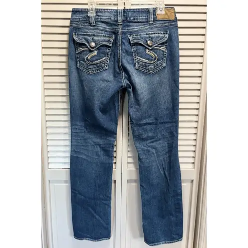 Silver Jeans Suki Surplus Straight Med Wash Low Rise Embroidery Size 31/32 Logo