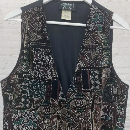 Unique Vintage Vintage Michele Leslie Black Velvet Vest M Tribal Print Retro Unique